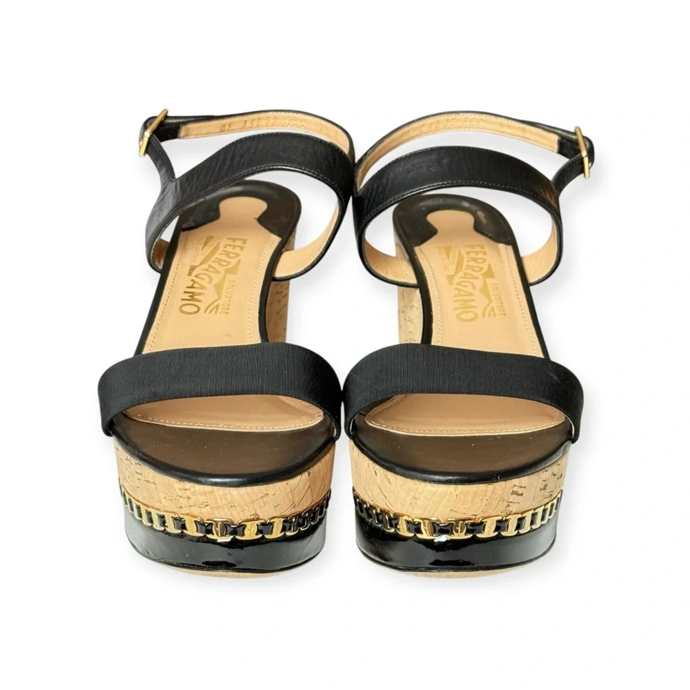 Salvatore Ferragamo ꔘ Mollie Chain Platform Wedge Sandals ꔘ Black Leather ꔘ 9.5B